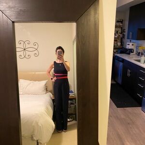 Navy Jumpsuit with Red and Pink Accents